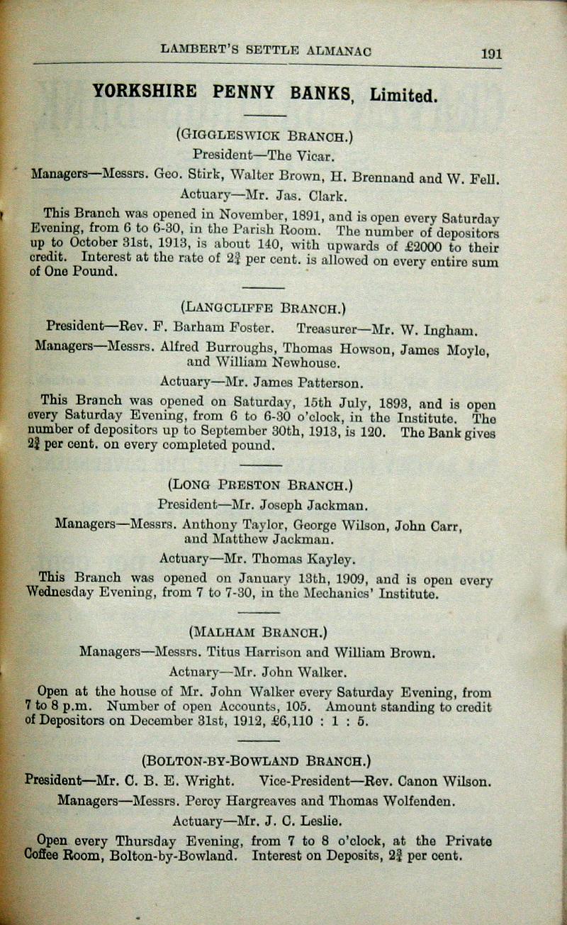 Settle Almanac 1914 - p191.JPG - Lambert's Settle Almanac 1914 - List of Yorkshire Penny Banks